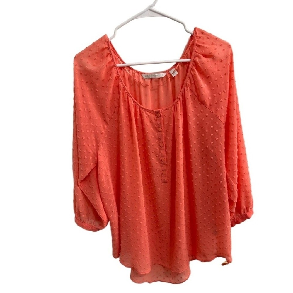 Lauren‎ Conrad Blouse Women's L Coral Haze Heart Swiss Dot Sheer Blouse Top